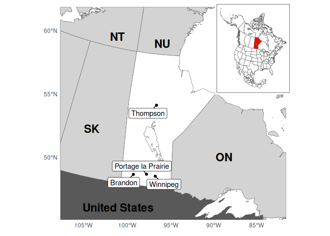 Location of the province of Manitoba and surrounding provinces and territories of Ontario (ON), Saskatchewan (SK), Nunavut (NU), and Northwest Territories (NT) within south-central Canada. Manitoban cities with a population greater than 10,000. Inset: Location of Manitoba within North America